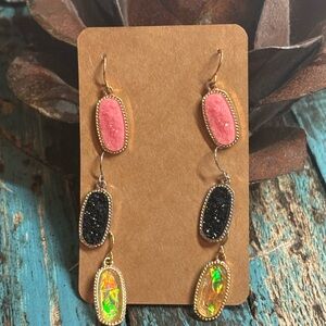 Elegant Pink, Black, and Iridescent Dangle Earrings